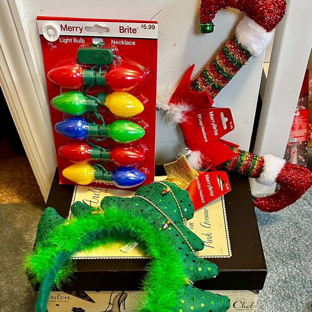 Merry Brite Multicolor Light Bulb Necklace With Elf Legs &  Tree Headband